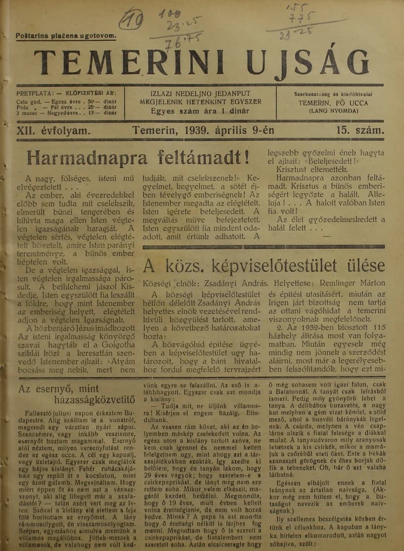 Temerini Újság 1928-1944, 12. évf. 1939. április 9. 15. sz.