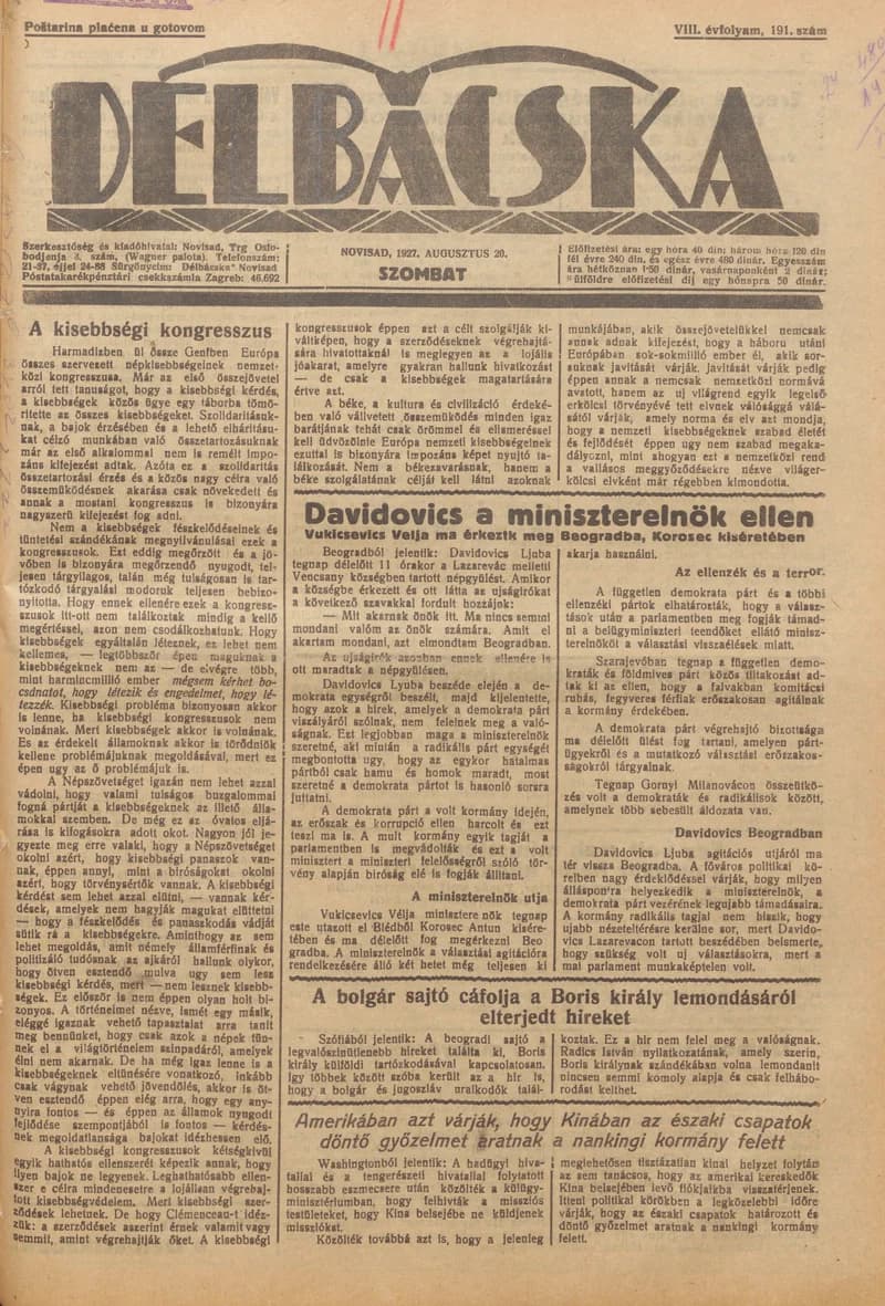 Délbácska, 8. évf. 1927. augusztus 20. 191. sz.