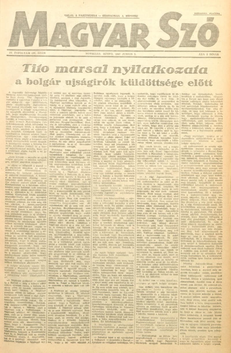 Magyar Szó, 4. évf. 1947. június 2. 137. sz. 1–4. oldal
