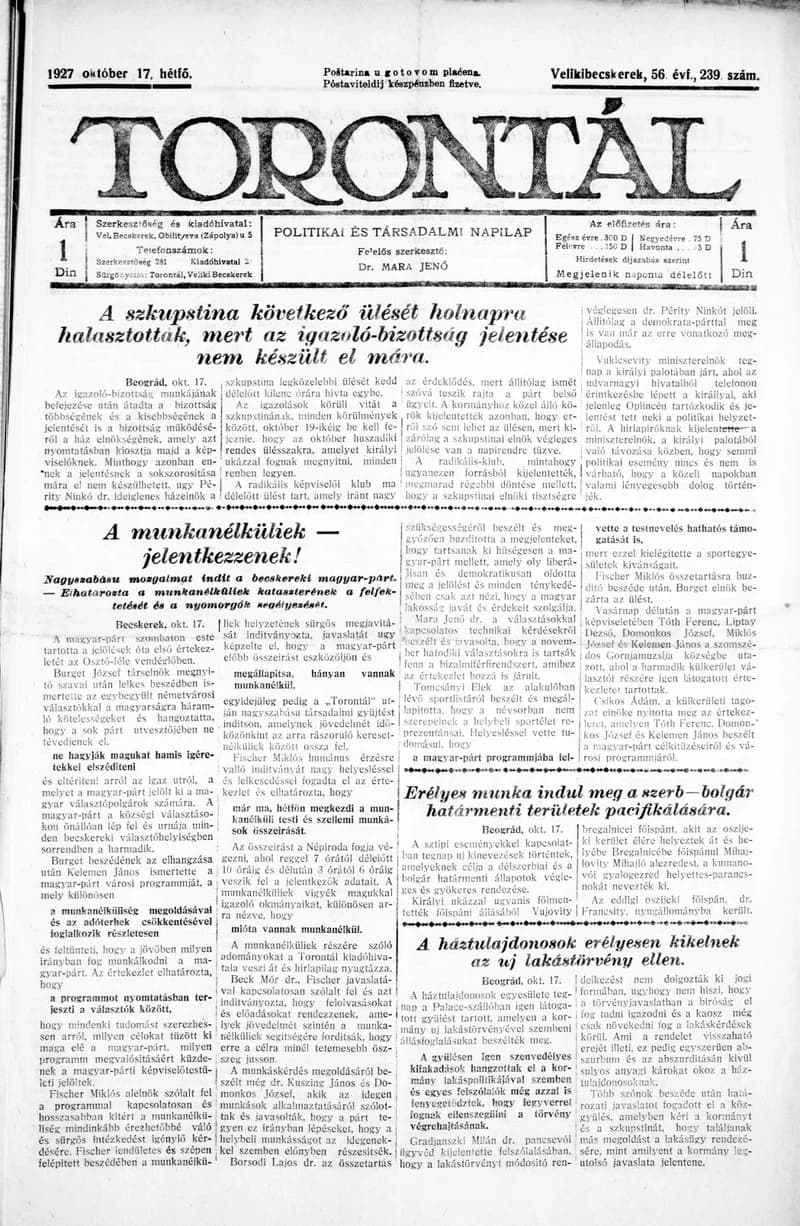 Torontál, 56. évf. 1927. október 17. 239. sz.