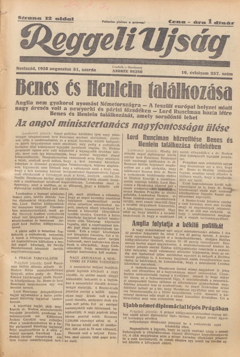 Reggeli Újság, 19. évf. 1938. augusztus 31. 237. sz.