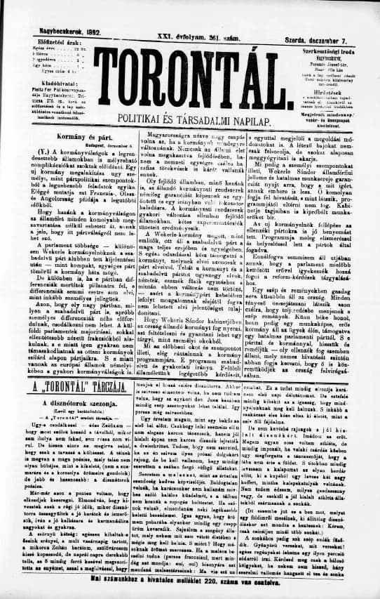 Torontál, 21. évf. 1892. december 7. 261. sz.