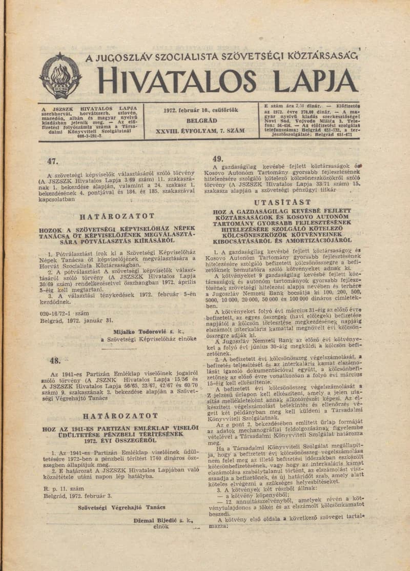 A Jugoszláv Szocialista Szövetségi Köztársaság Hivatalos Lapja, 28. évf. 1972. február 10. 7. sz. 201–216. oldal