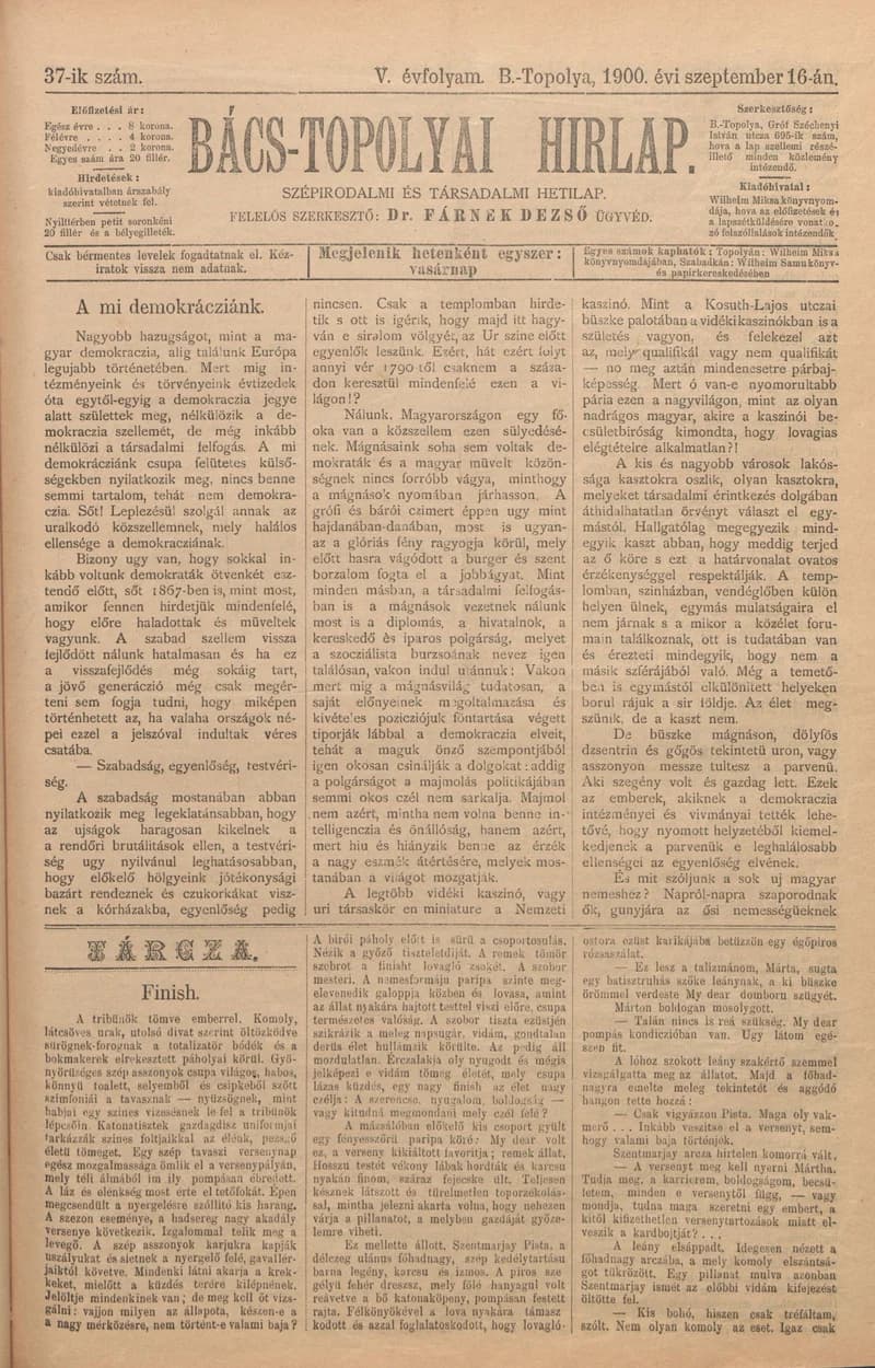 Bács-Topolyai Hirlap, 5. évf. 1900. szeptember 16. 37. sz.