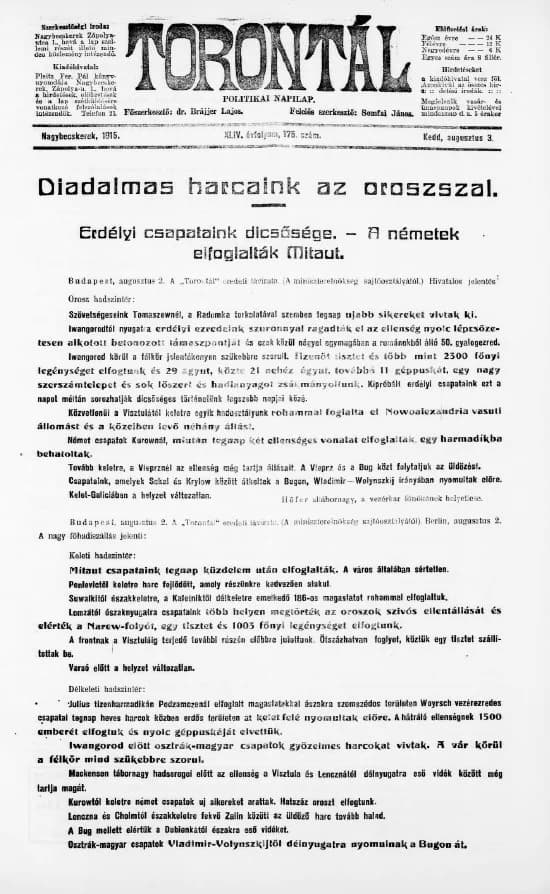 Torontál, 44. évf. 1915. augusztus 3. 175. sz.