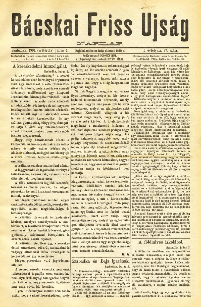 Bácskai Friss Ujság, 1. évf. 1901. július 4. 27. sz.
