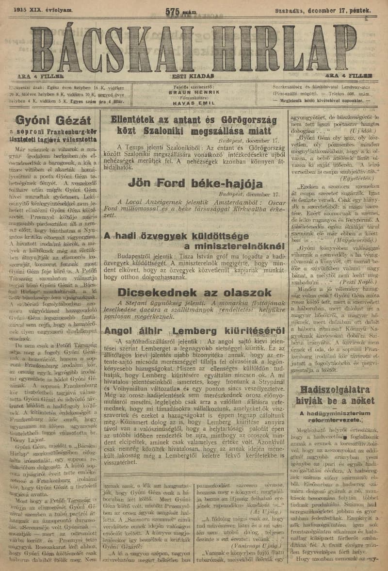 Bácskai Hirlap, 19. évf. 1915. december 17. 575. sz.