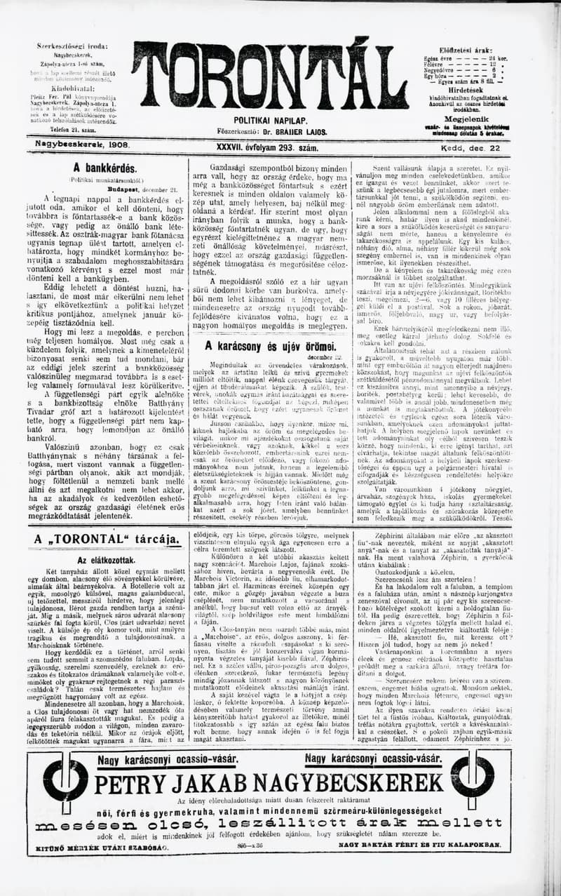 Torontál, 37. évf. 1908. december 22. 293. sz.