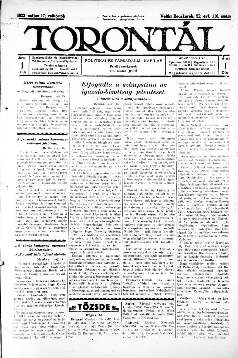 Torontál 1923. május 17. 110. sz.