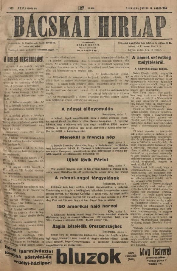Bácskai Hirlap, 22. évf. 1918. június 6. 127. sz.