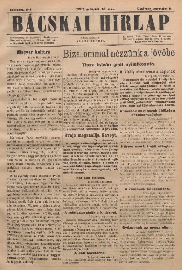 Bácskai Hirlap, 18. évf. 1914. augusztus 9. 180. sz.