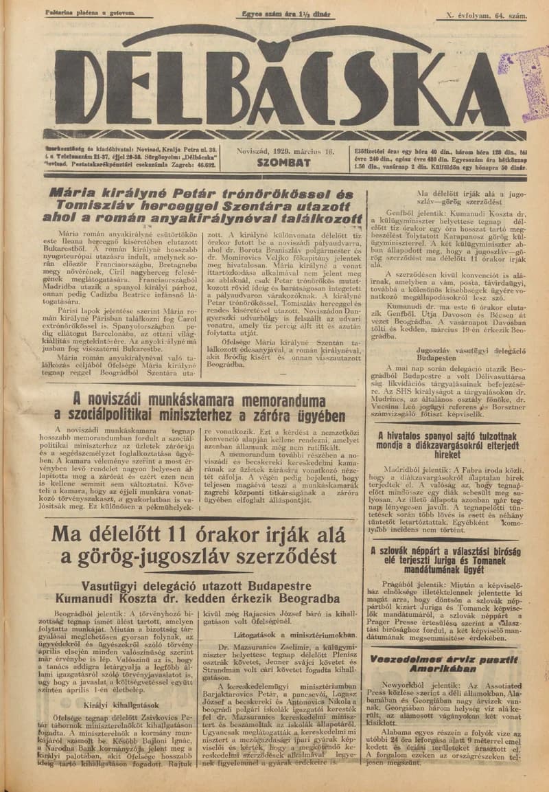 Délbácska, 10. évf. 1929. március 16. 64. sz.