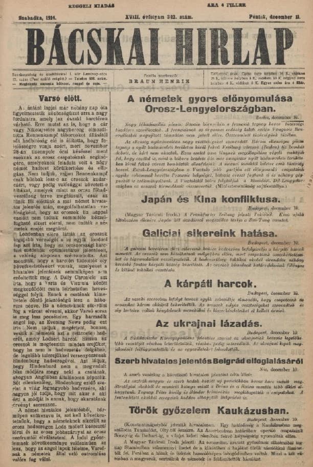 Bácskai Hirlap, 18. évf. 1914. december 11. 342. sz.