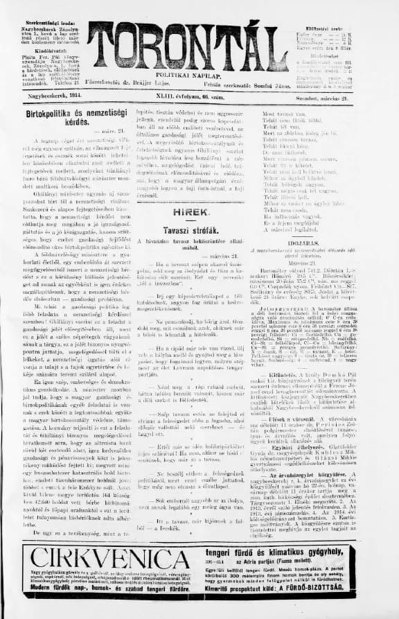 Torontál, 43. évf. 1914. március 21. 66. sz.