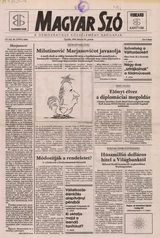 Magyar Szó, 55. évf. 1998. február 20. 45. sz. 1–16. oldal