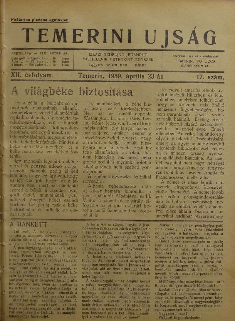 Temerini Újság 1928-1944, 12. évf. 1939. április 23. 17. sz.