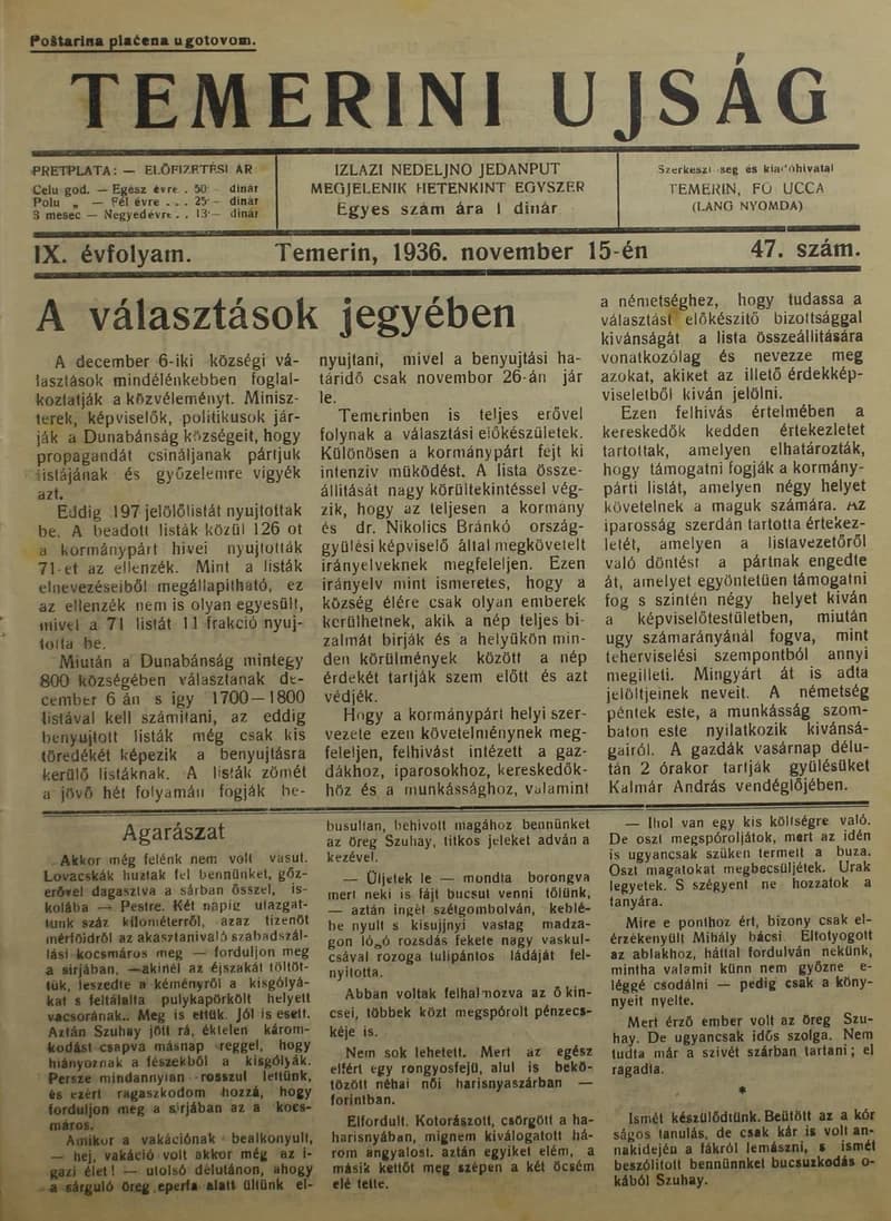 Temerini Újság 1928-1944, 9. évf. 1936. november 15. 47. sz.