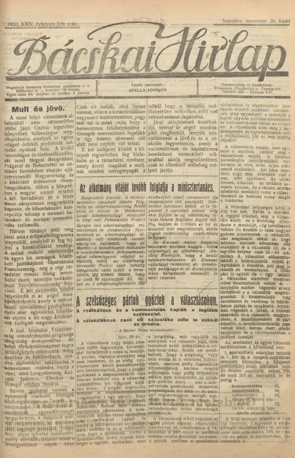 Bácskai Hirlap, 24. évf. 1920. november 30. 209. sz.