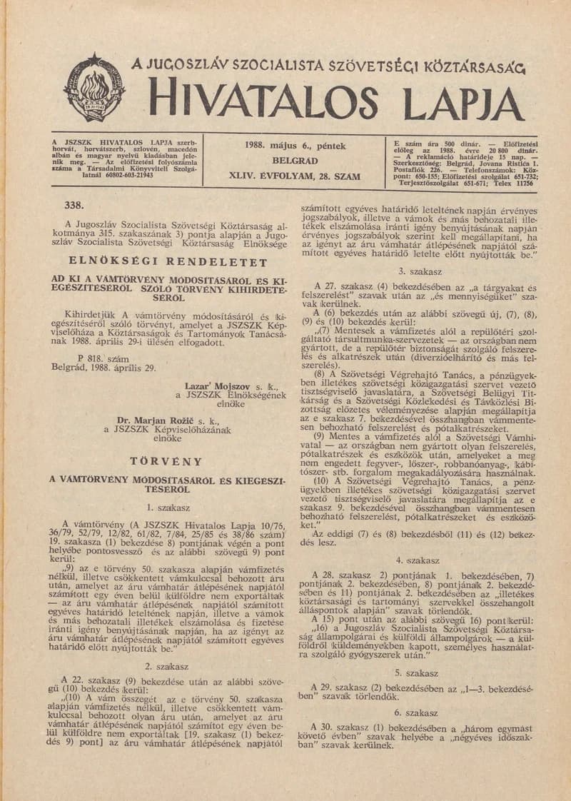 A Jugoszláv Szocialista Szövetségi Köztársaság Hivatalos Lapja, 44. évf. 1988. május 6. 28. sz. 789–808. oldal