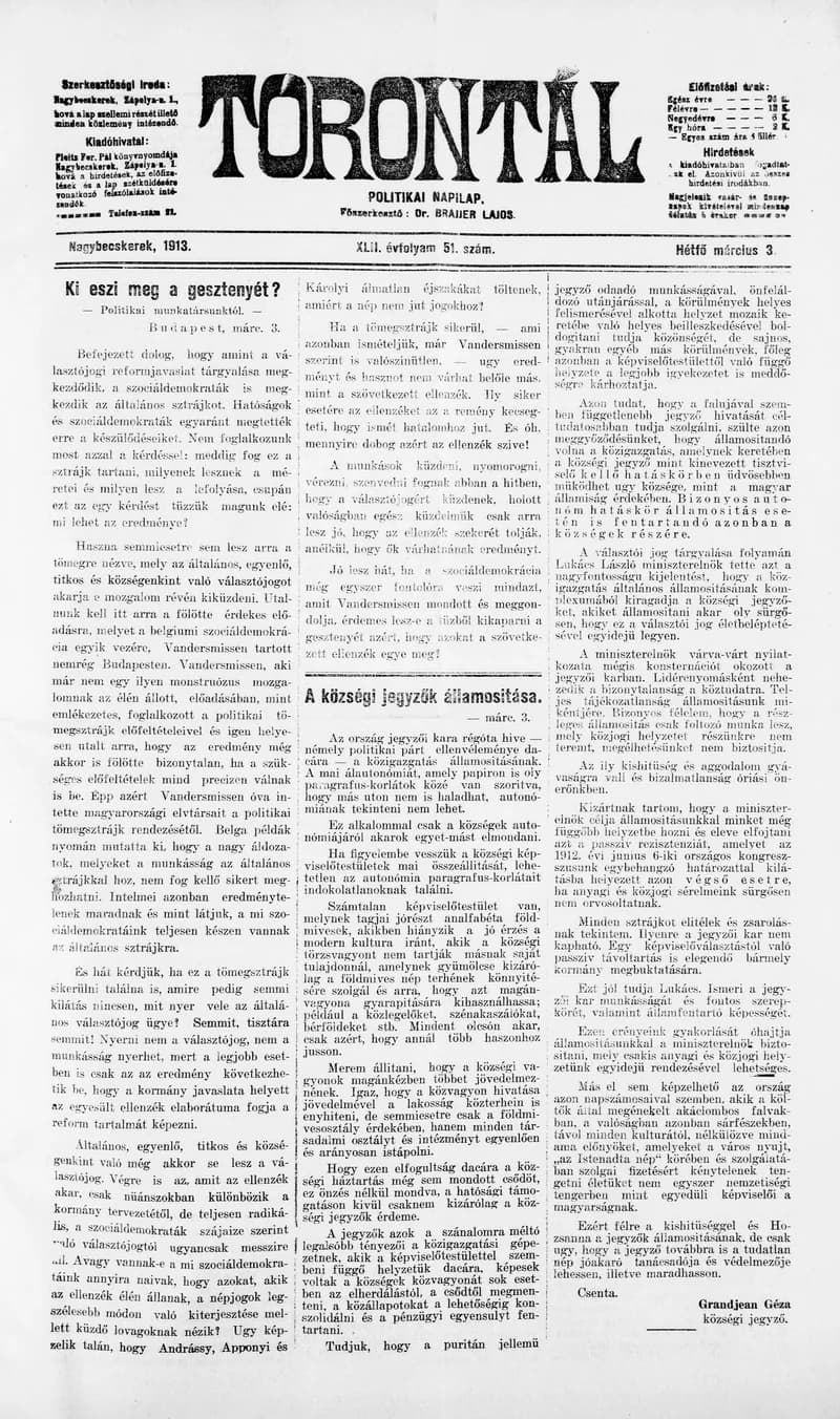Torontál, 42. évf. 1913. március 3. 51. sz.