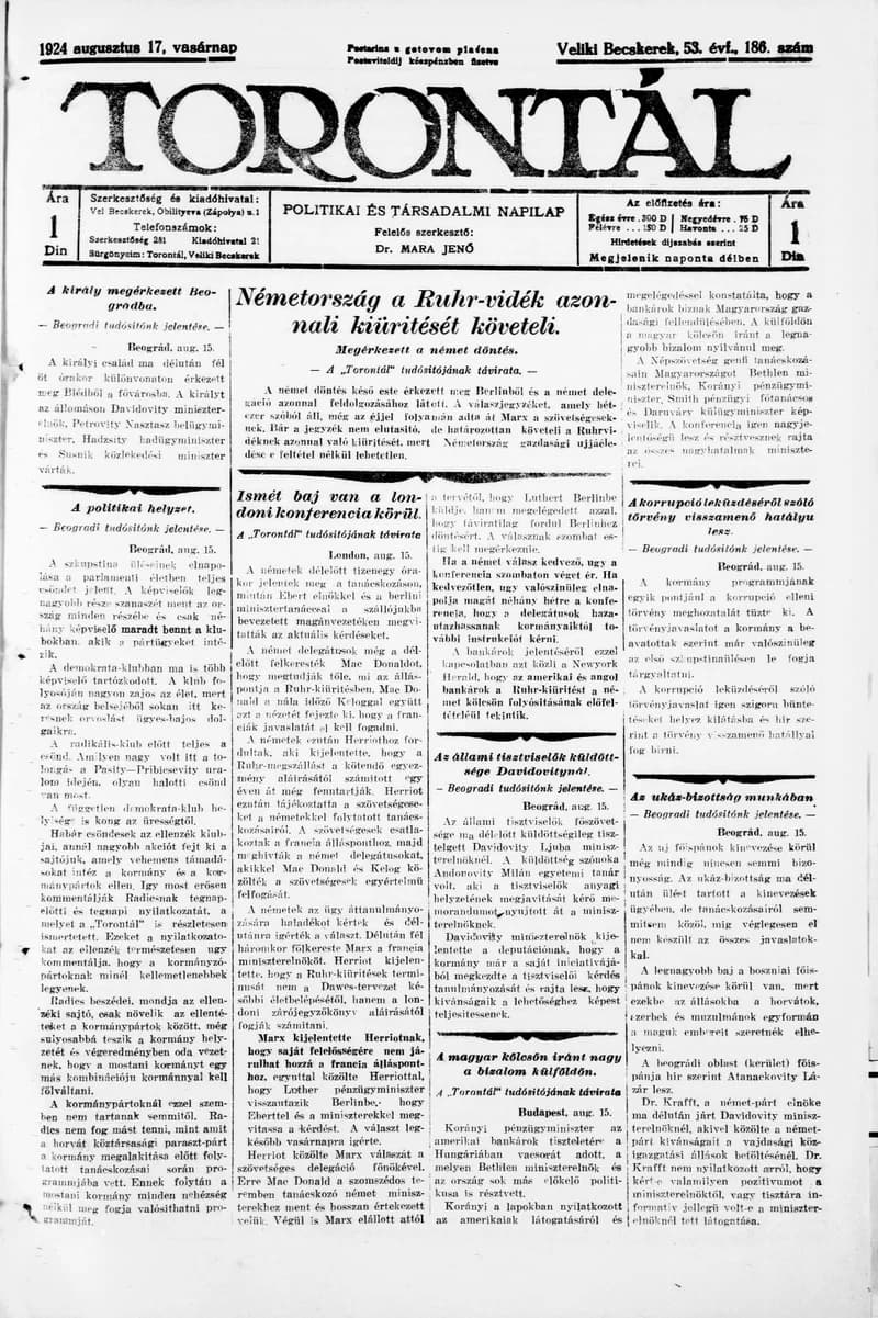 Torontál, 53. évf. 1924. augusztus 17. 186. sz.