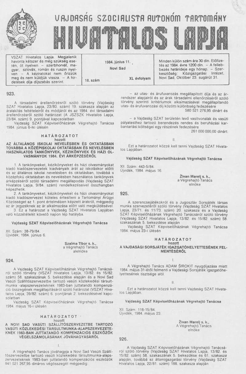 Vajdaság Szocialista Autonóm Tartomány Hivatalos Lapja, 40. évf. 1984. június 11. 18. sz.