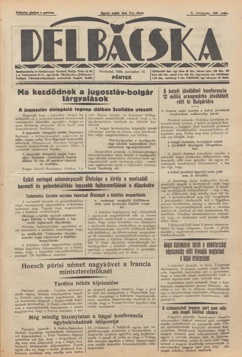 Délbácska, 10. évf. 1929. november 15. 266. sz.