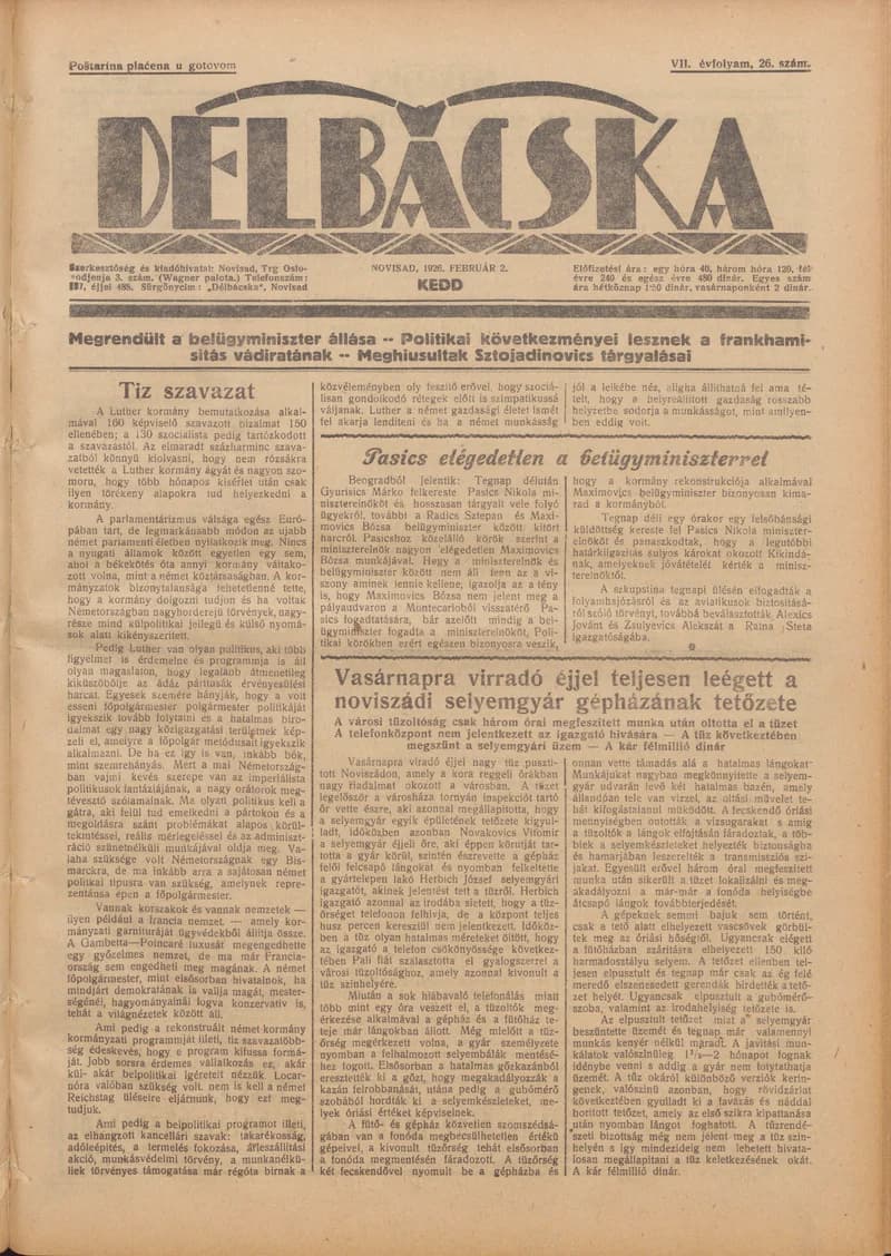 Délbácska, 7. évf. 1926. február 2. 26. sz.