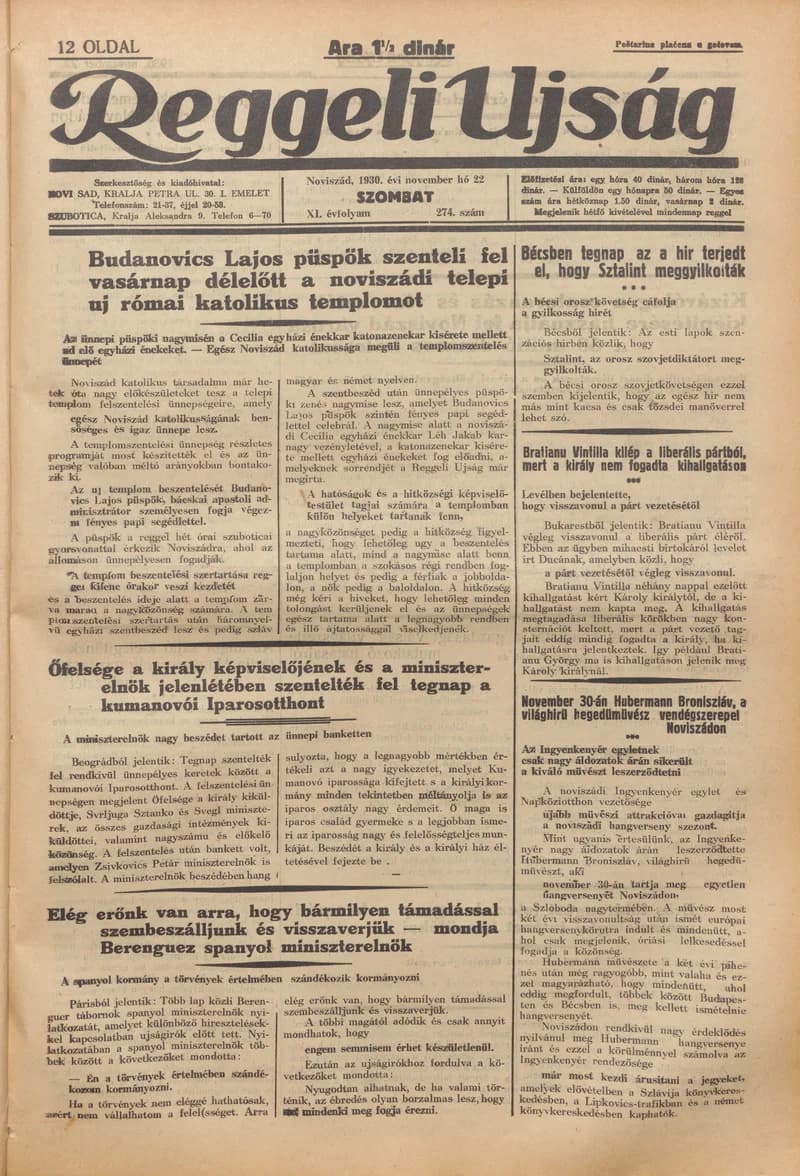 Reggeli Újság, 11. évf. 1930. november 22. 274. sz.