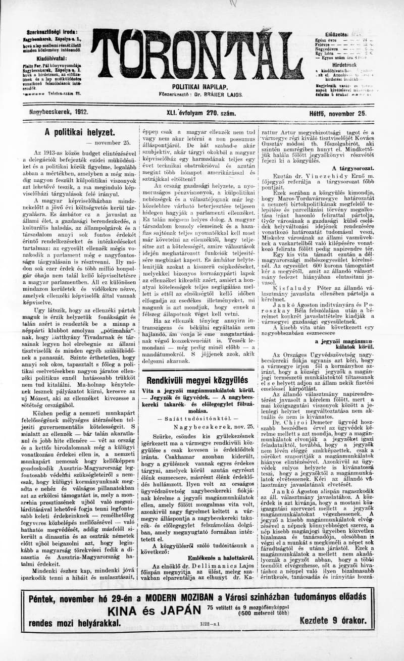 Torontál, 41. évf. 1912. november 25. 270. sz.