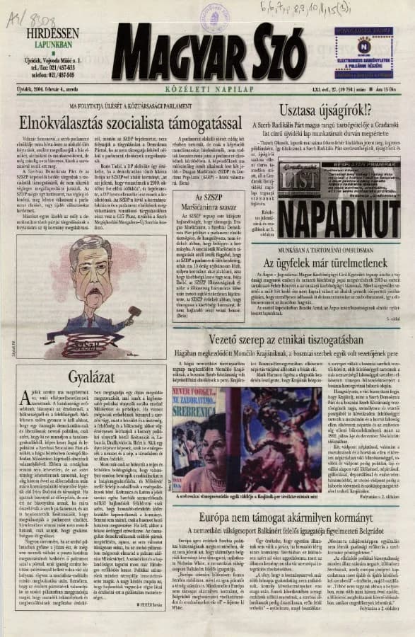 Magyar Szó, 61. évf. 2004. február 4. 27. sz. 1–20. oldal