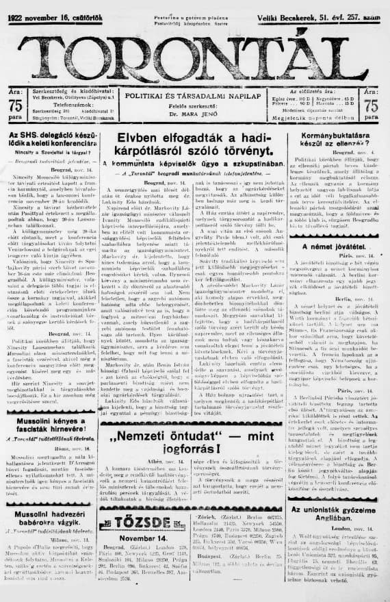 Torontál, 51. évf. 1922. november 16. 257. sz.