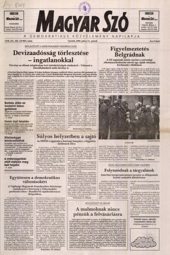 Magyar Szó, 57. évf. 2000. július 14. 164. sz. 1–16. oldal