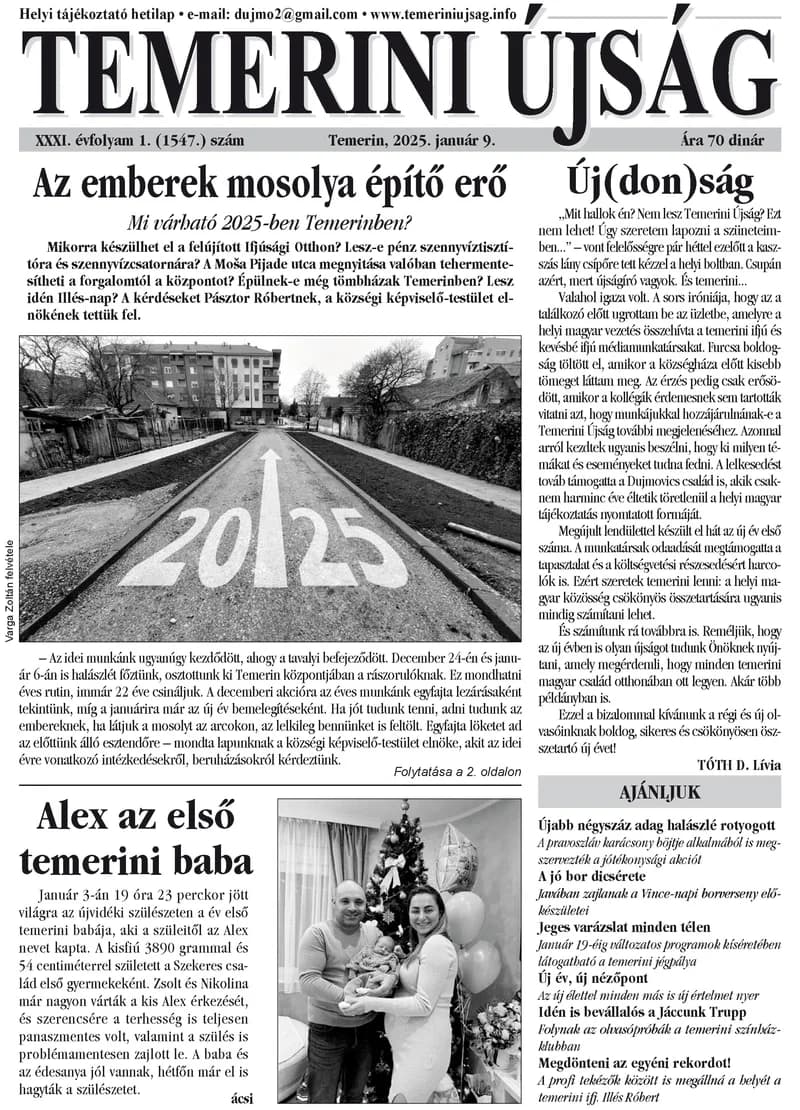 Temerini Újság, 31. évf. 2025. január 9. 1. sz.