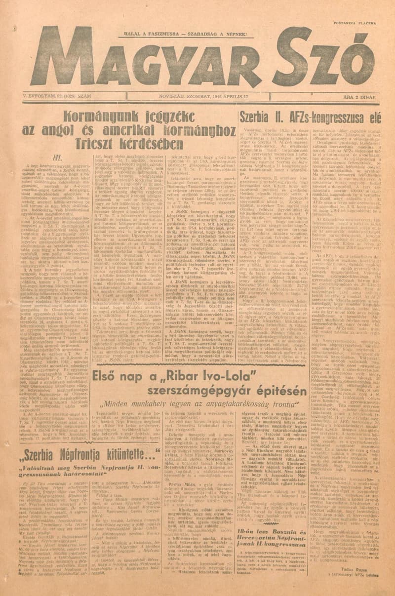 Magyar Szó, 5. évf. 1948. április 17. 92. sz. 1–4. oldal
