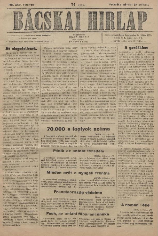 Bácskai Hirlap, 22. évf. 1918. március 30. 74. sz.