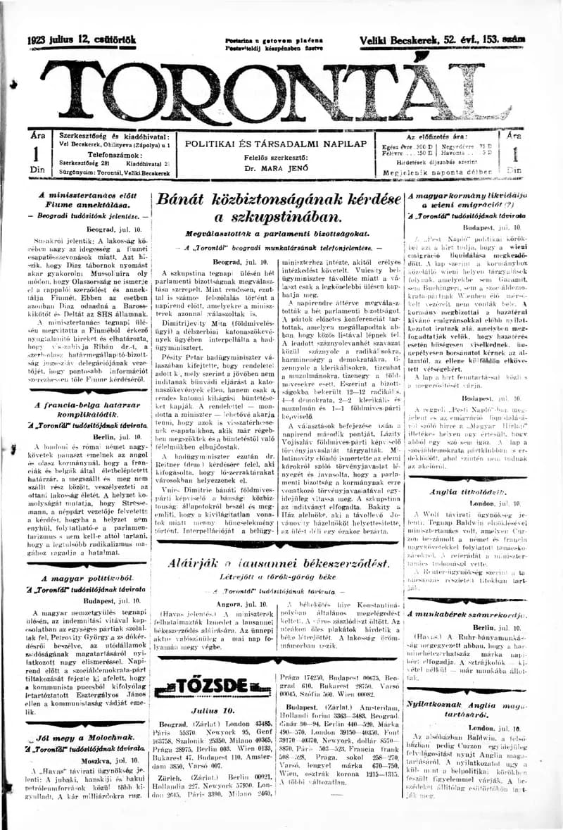 Torontál, 52. évf. 1923. július 12. 153. sz.