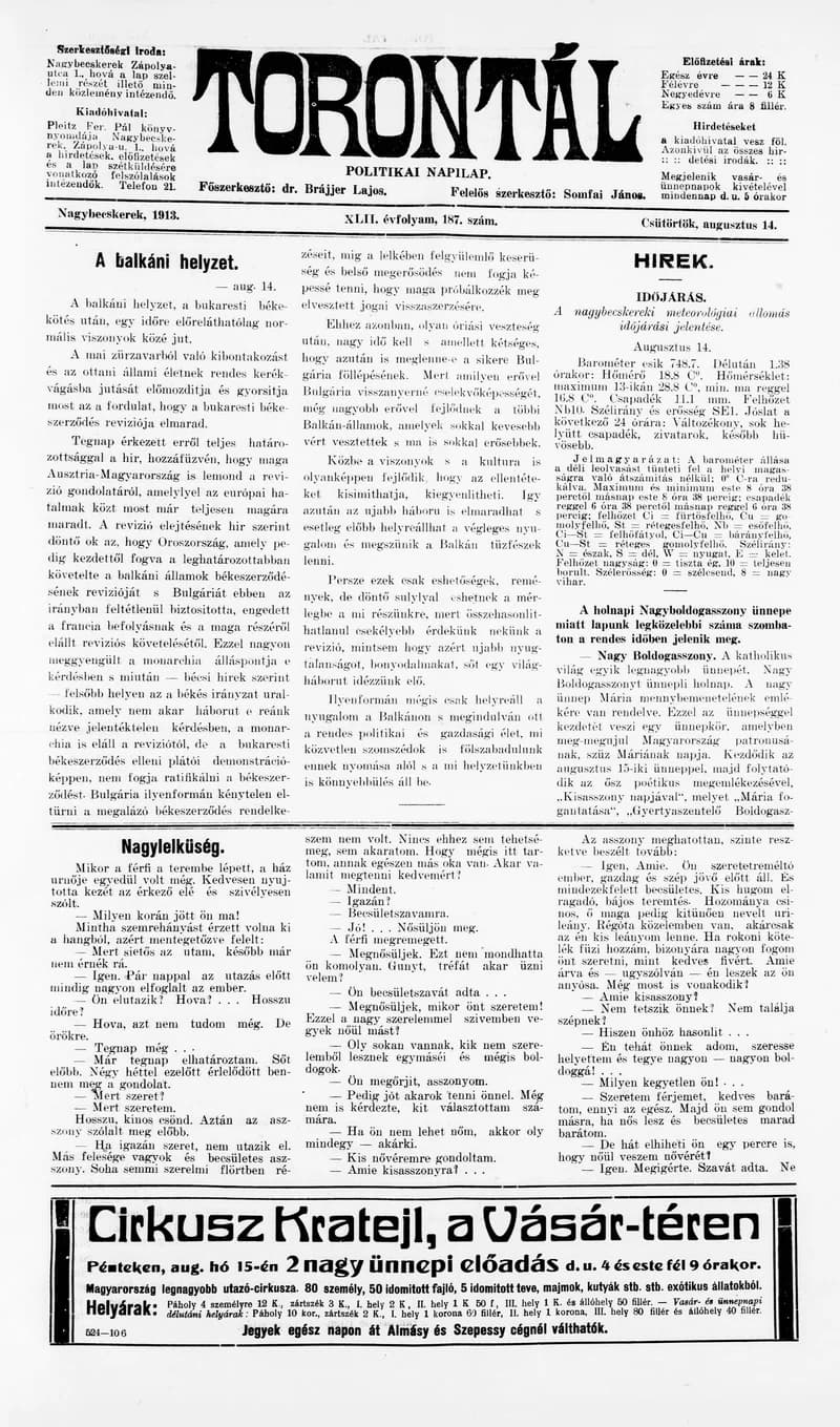 Torontál, 42. évf. 1913. augusztus 14. 187. sz.