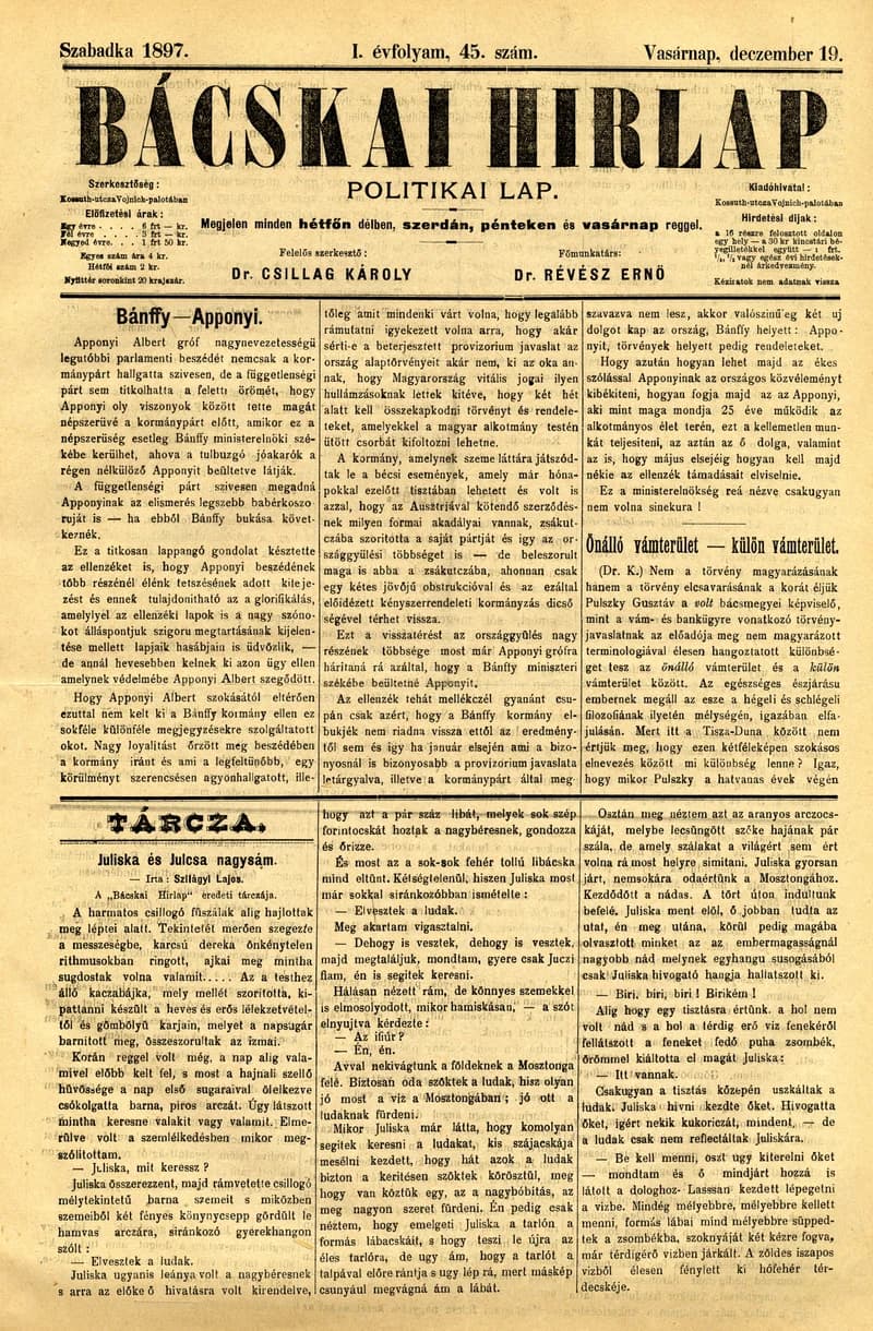 Bácskai Hirlap, 1. évf. 1897. december 19. 45. sz. 1–4. oldal