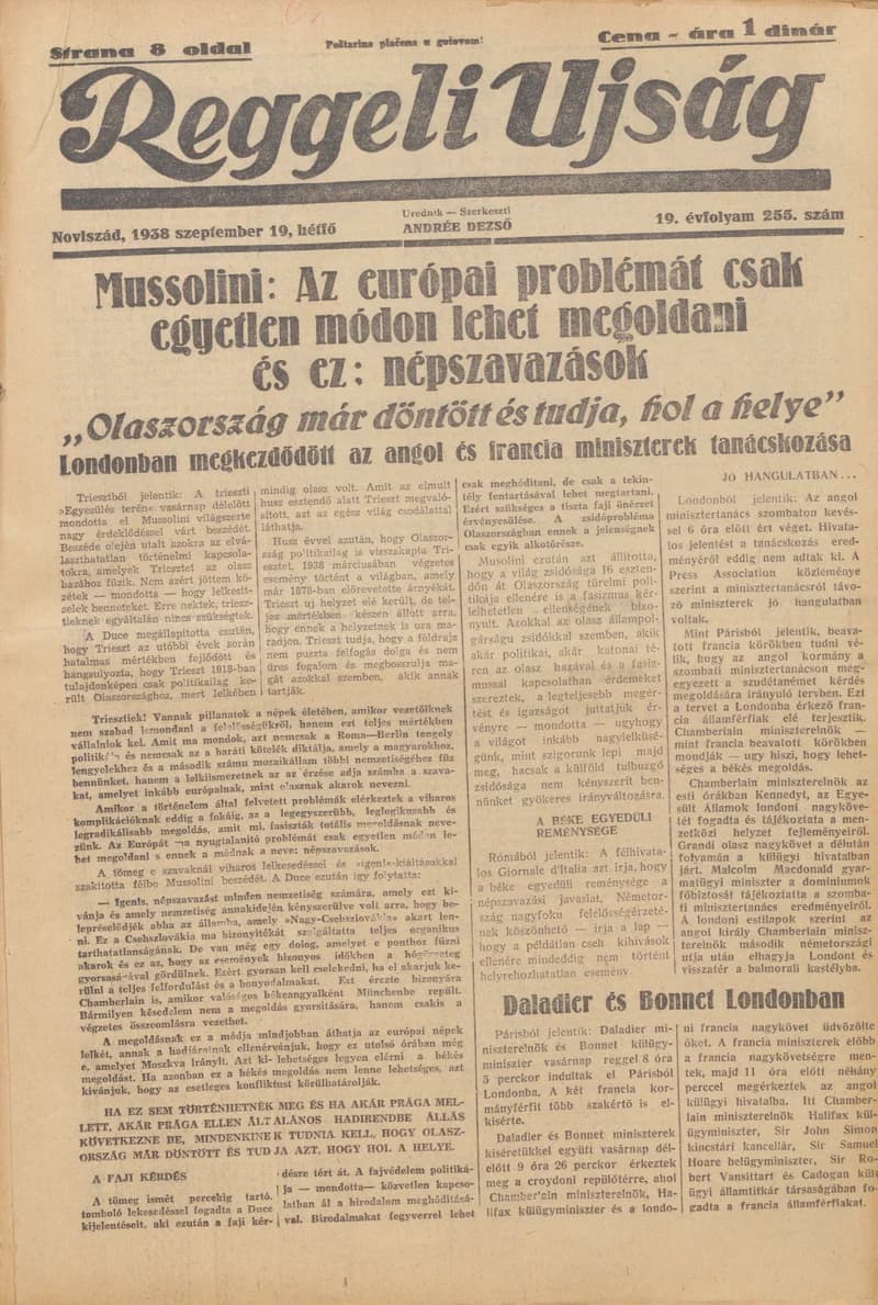 Reggeli Újság, 19. évf. 1938. szeptember 19. 255. sz.