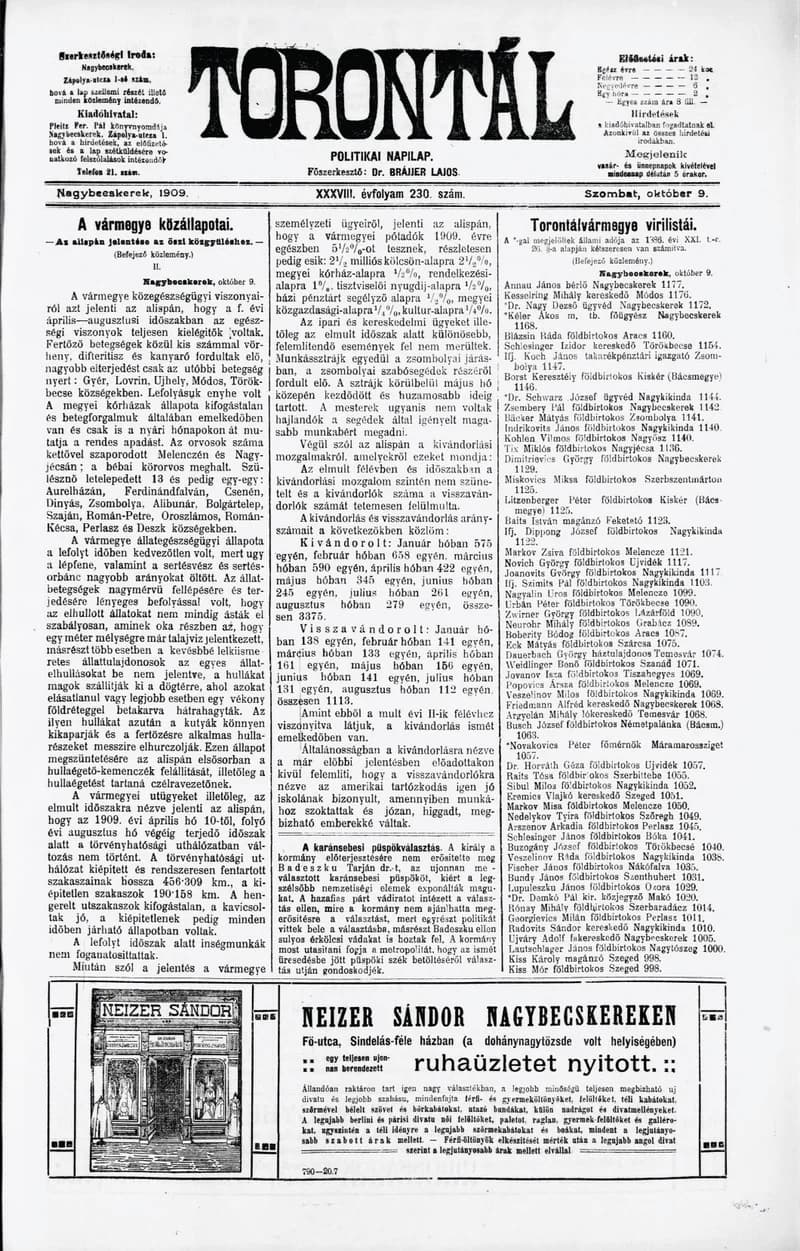 Torontál, 38. évf. 1909. október 9. 230. sz.