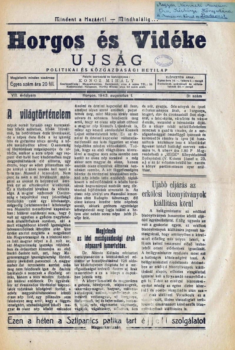 Horgos és vidéke, 8. évf. 1943. augusztus 1. 31. sz.