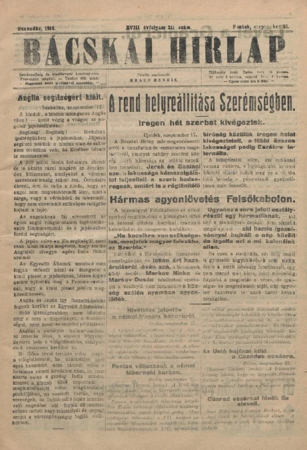 Bácskai Hirlap, 18. évf. 1914. szeptember 18. 211. sz.