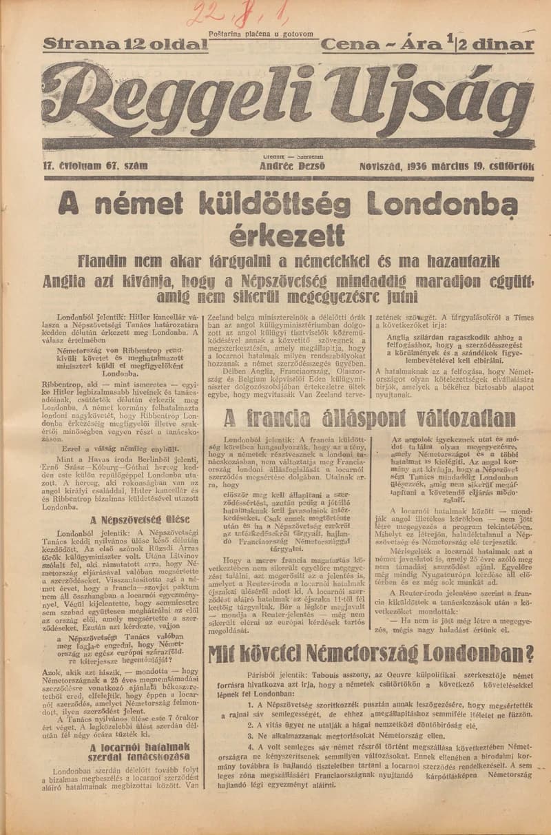 Reggeli Újság, 17. évf. 1936. március 19. 67. sz.