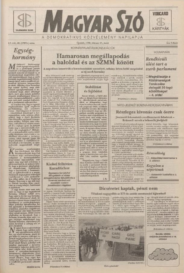 Magyar Szó, 55. évf. 1998. február 17. 42. sz. 1–16. oldal