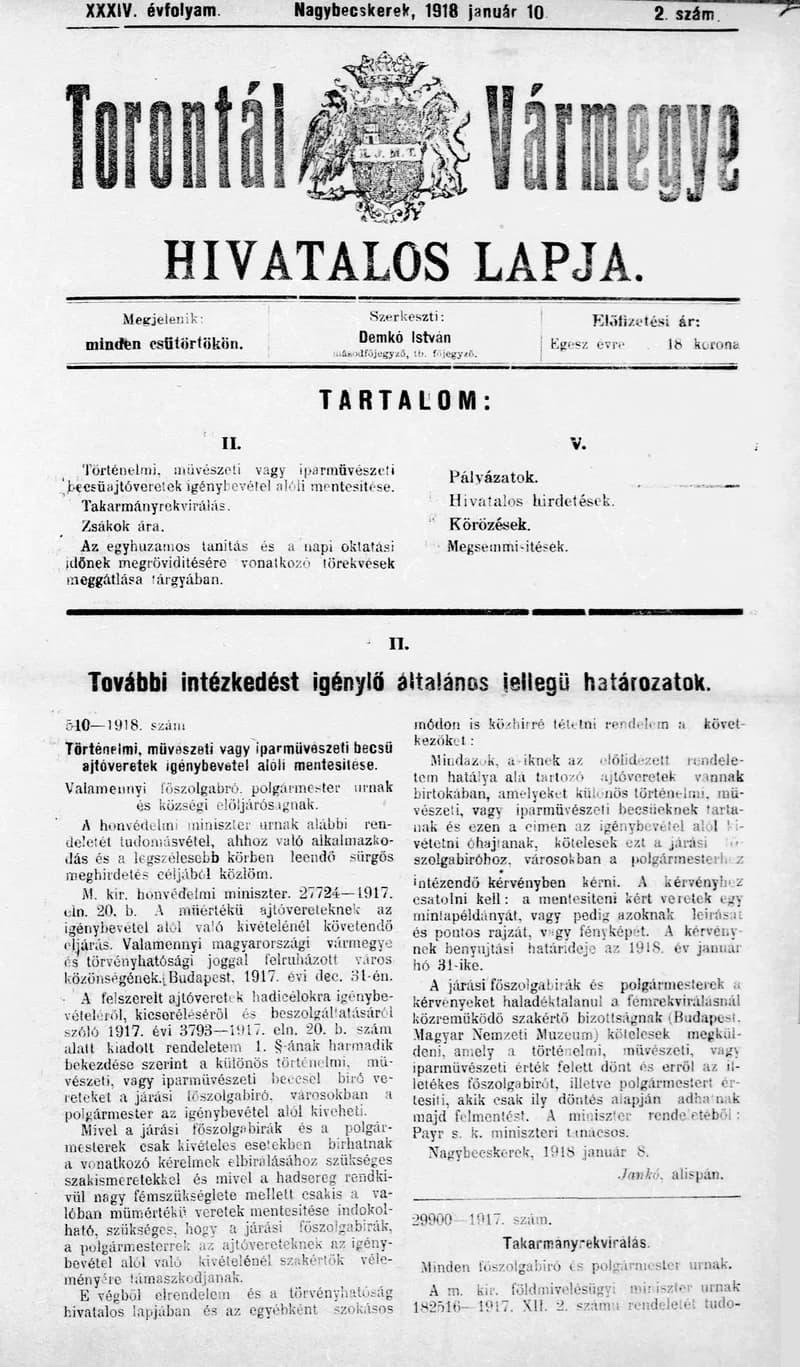 Torontál Vármegye Hivatalos Lapja, 34. évf. 1918. január 10. 2. sz.