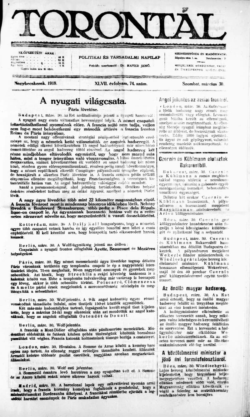 Torontál, 47. évf. 1918. március 30. 74. sz.