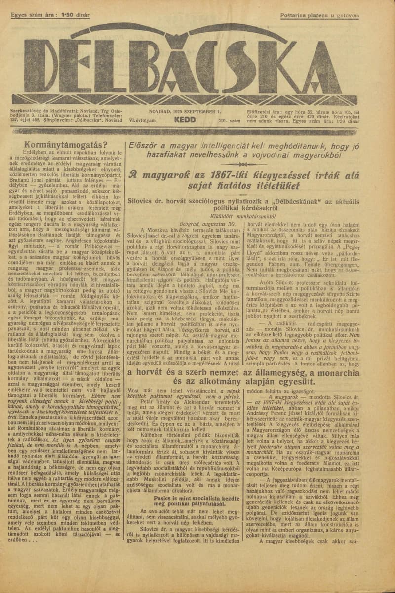 Délbácska, 6. évf. 1925. szeptember 1. 201. sz.