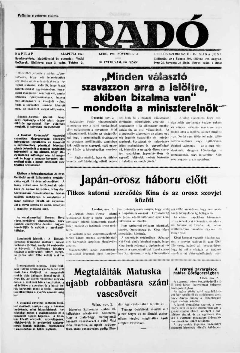 Híradó, 60. évf. 1931. november 3. 254. sz.