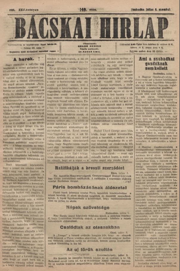 Bácskai Hirlap, 22. évf. 1918. július 6. 149. sz.